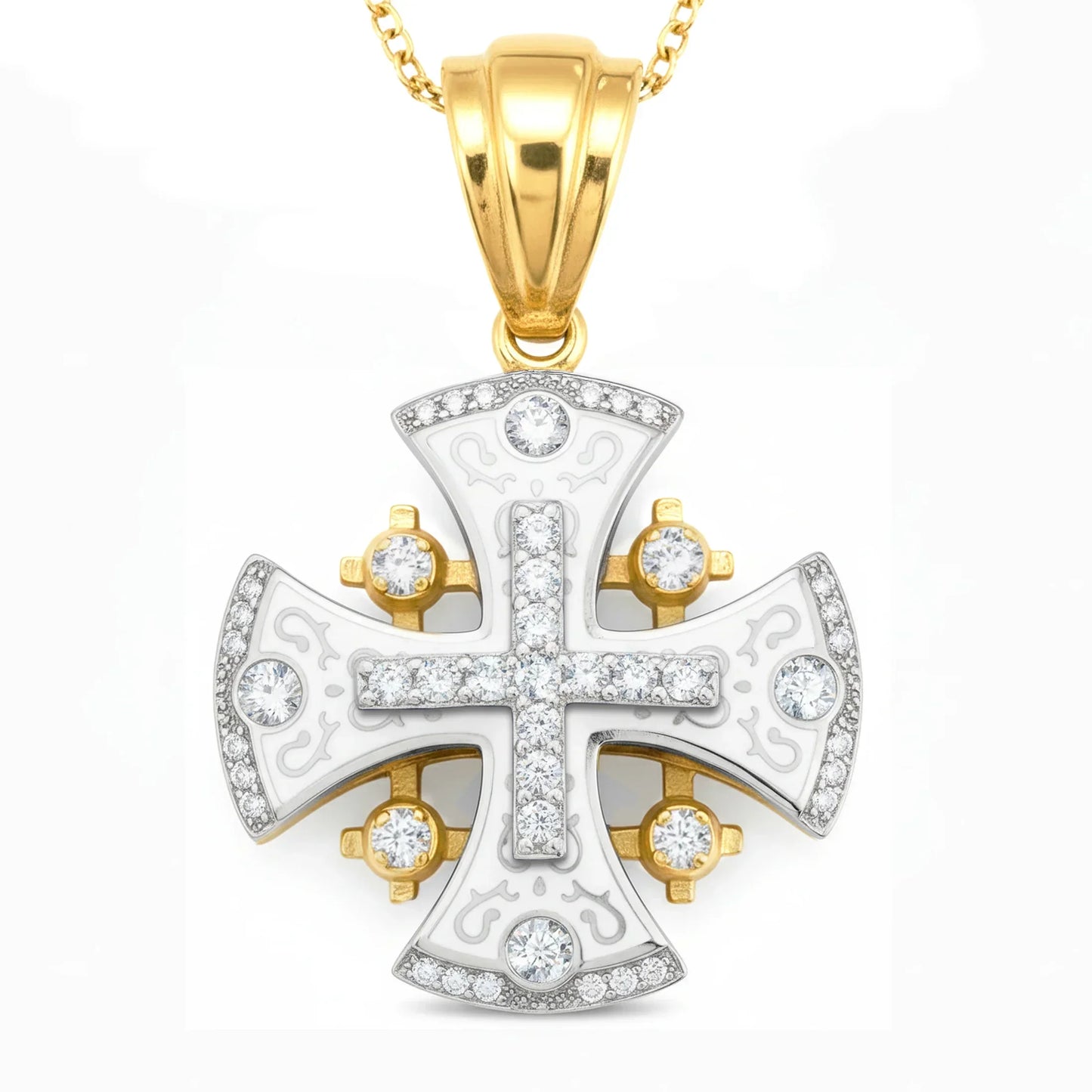 Jerusalem Cross Pendant 14k Yellow-White Gold with 45 Diamonds and White Enamel