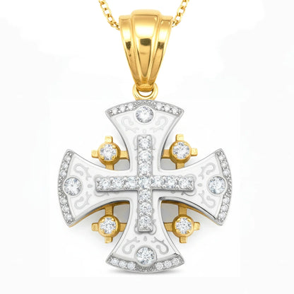 Jerusalem Cross Pendant 14k Yellow-White Gold with 45 Diamonds and White Enamel
