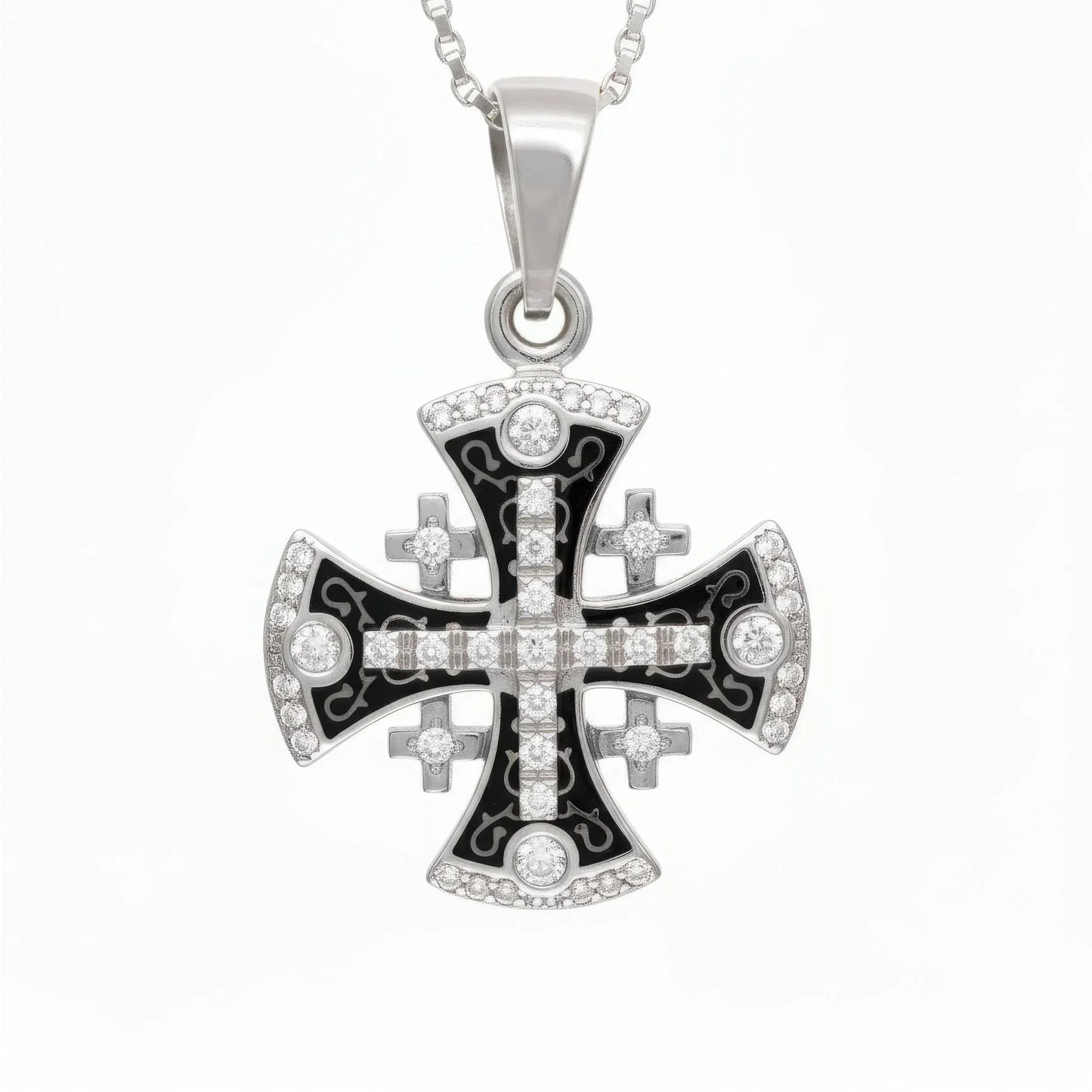 Jerusalem Cross Pendant White Gold With Diamonds and Black Enamel