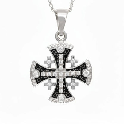 Jerusalem Cross Pendant White Gold With Diamonds and Black Enamel