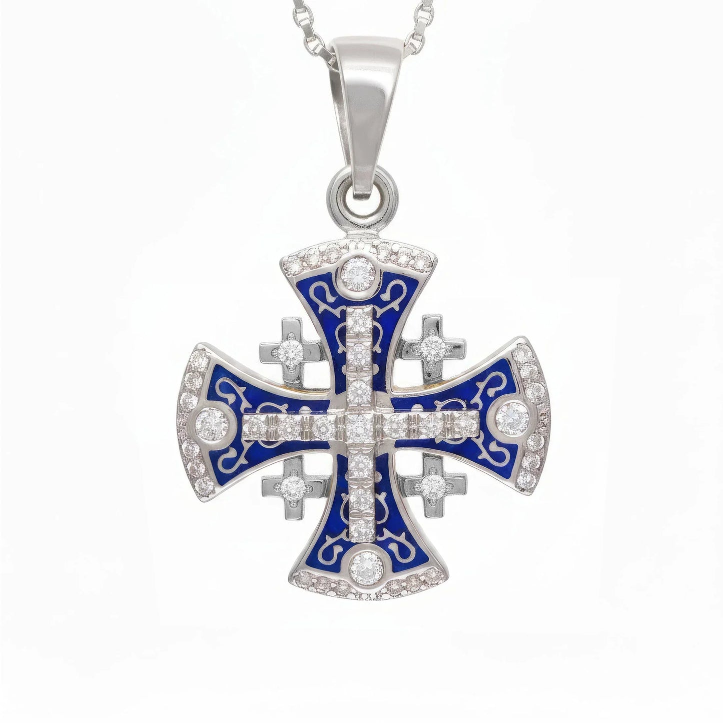 Jerusalem Cross Pendant White Gold With Diamonds and Blue Enamel
