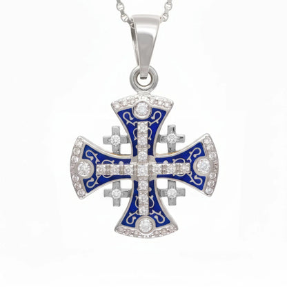 Jerusalem Cross Pendant White Gold With Diamonds and Blue Enamel