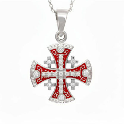 Jerusalem Cross Pendant White Gold With Diamonds and Red Enamel