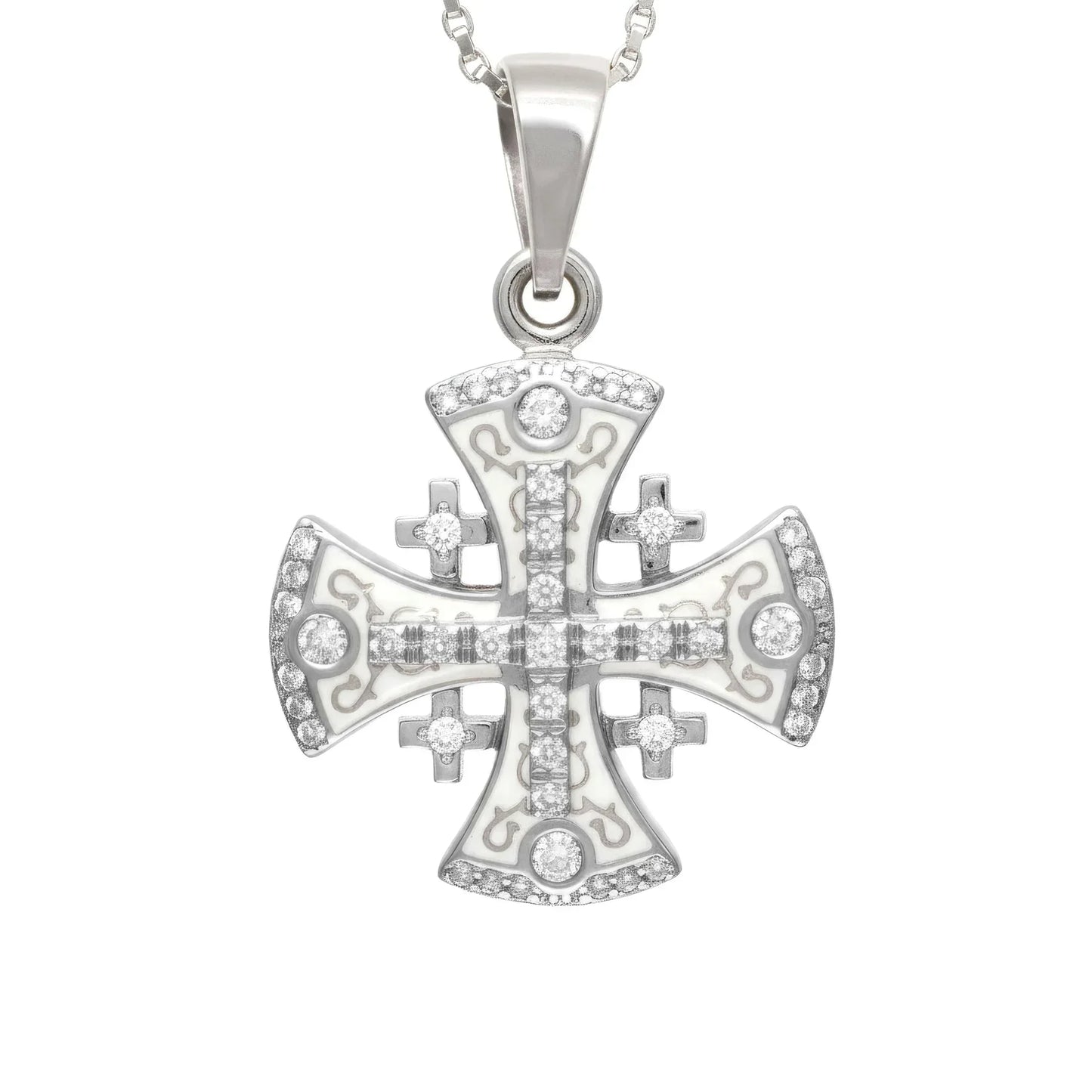 Jerusalem Cross Pendant White Gold With Diamonds and White Enamel