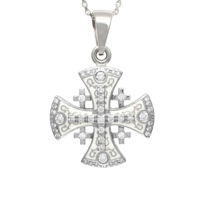 Jerusalem Cross Pendant White Gold With Diamonds and White Enamel