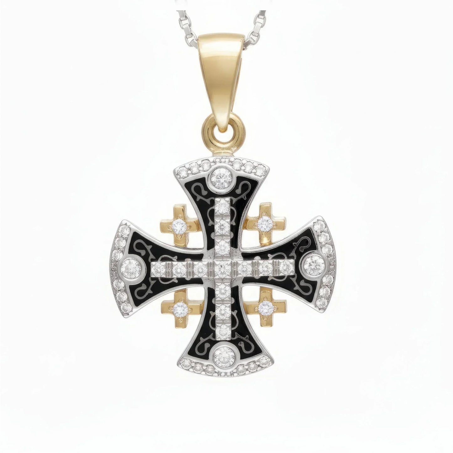 Jerusalem Cross Pendant Yellow Gold With Diamonds and Black Enamel