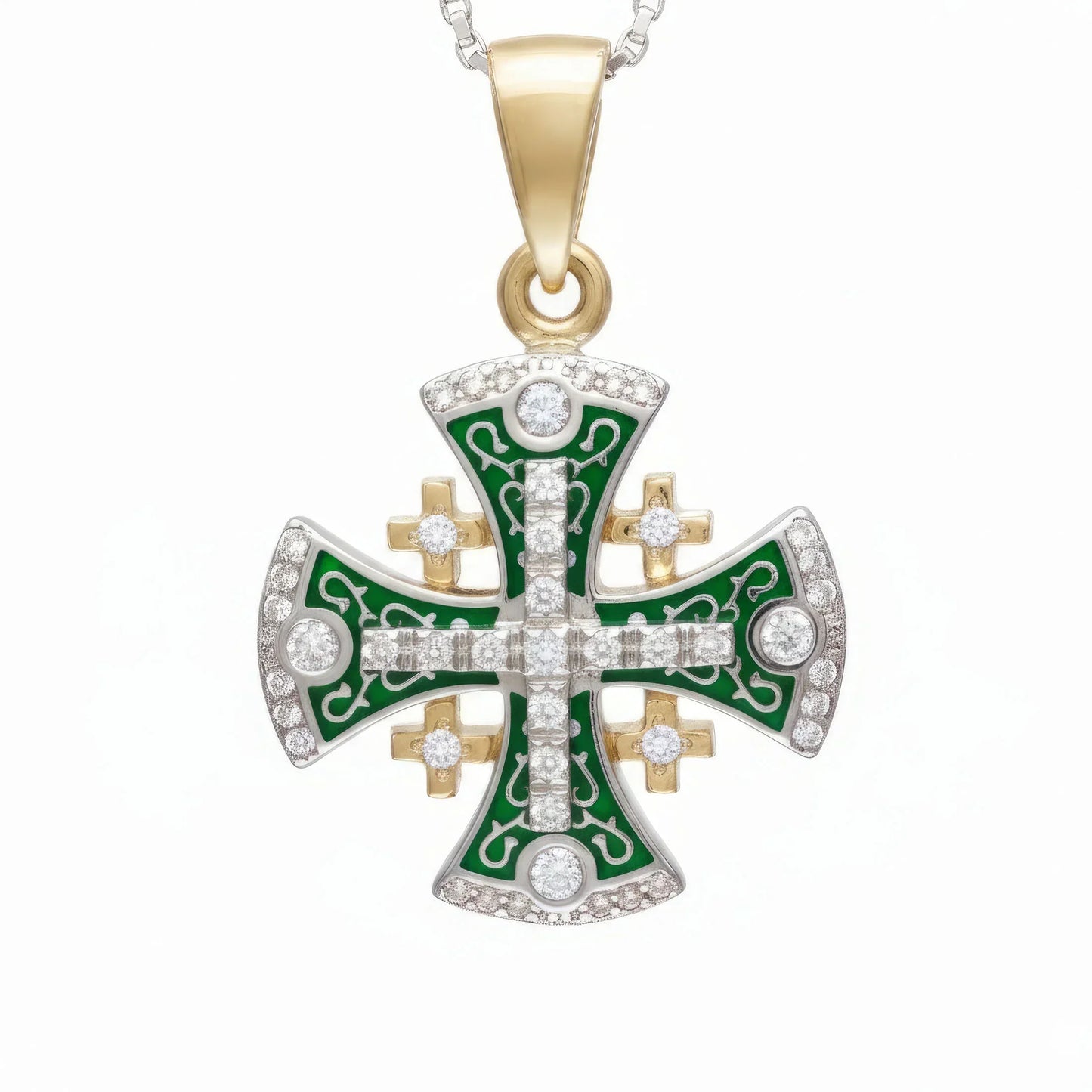 Jerusalem Cross Pendant Yellow Gold With Diamonds and Green Enamel