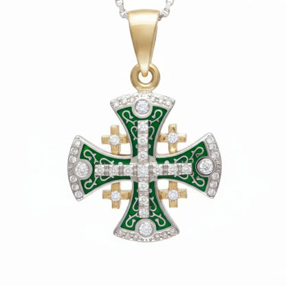 Jerusalem Cross Pendant Yellow Gold With Diamonds and Green Enamel