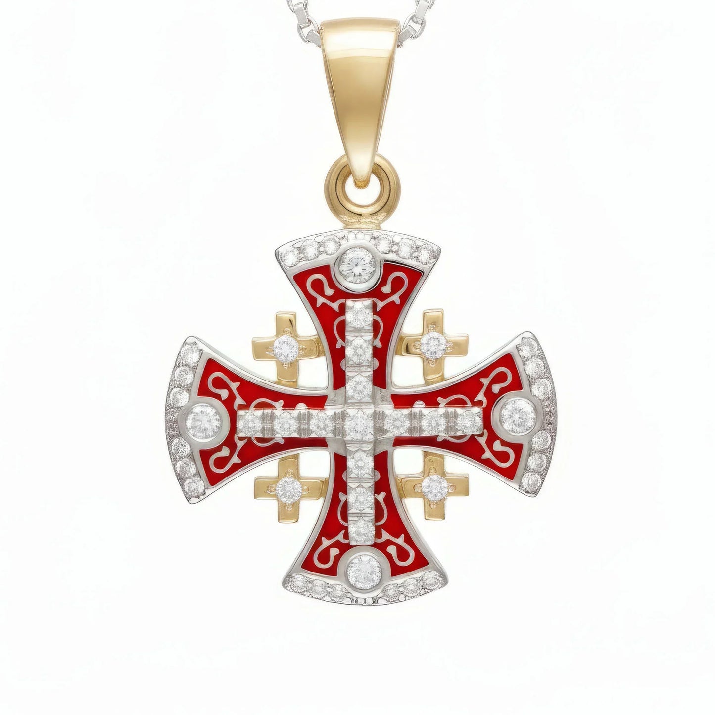 Jerusalem Cross Pendant Yellow Gold With Diamonds and Red Enamel