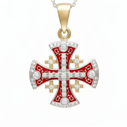 Jerusalem Cross Pendant Yellow Gold With Diamonds and Red Enamel