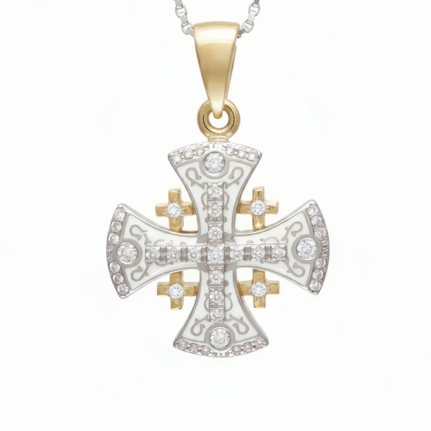 Jerusalem Cross Pendant Yellow Gold With Diamonds and White Enamel
