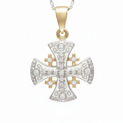 Jerusalem Cross Pendant Yellow Gold With Diamonds and White Enamel