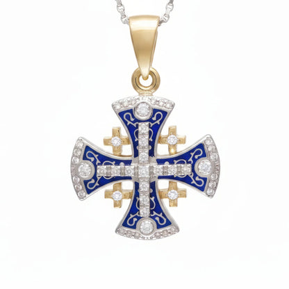 Jerusalem Cross Pendant Yellow & White Gold With Diamonds by Anbinder