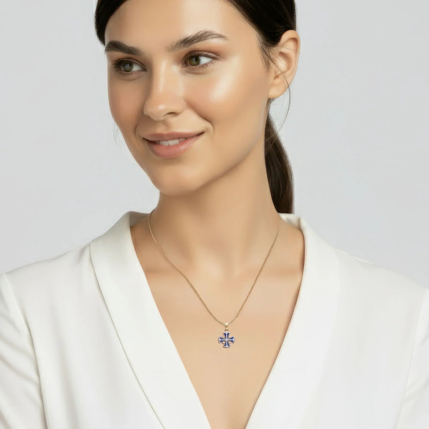 Jerusalem Cross Pendant Yellow & White Gold With Diamonds on model