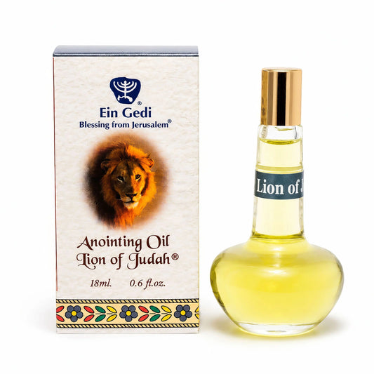 Lion of Judah anointing oil from Jerusalem by Ein Gedi with glass bottle and gift box
