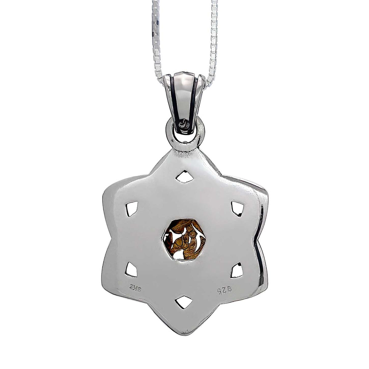 Back of Star of David pendant with cut-outs and 925 and 9K gold hallmarks