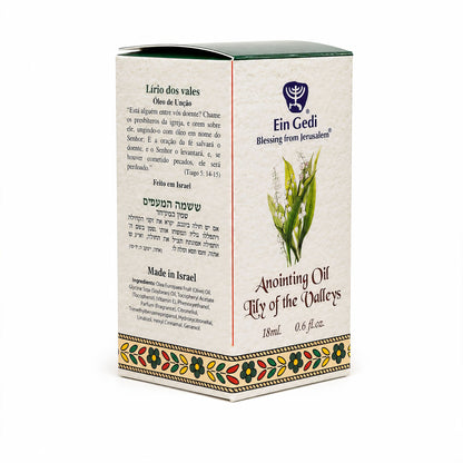 Side of Lily of the Valleys anointing oil box with ingredients and Made in Israel text