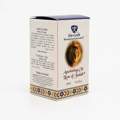Side of Lion of Judah anointing oil box with Made in Israel and ingredients