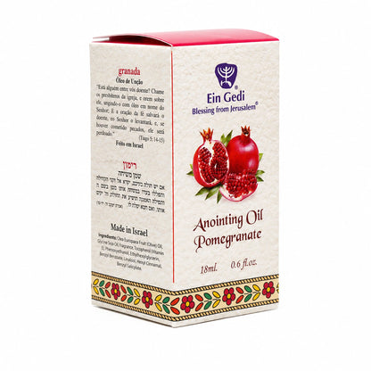 Side of Pomegranate anointing oil box with ingredients and Made in Israel text