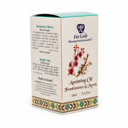 Side view of Ein Gedi Frankincense and Myrrh anointing oil box with ingredients