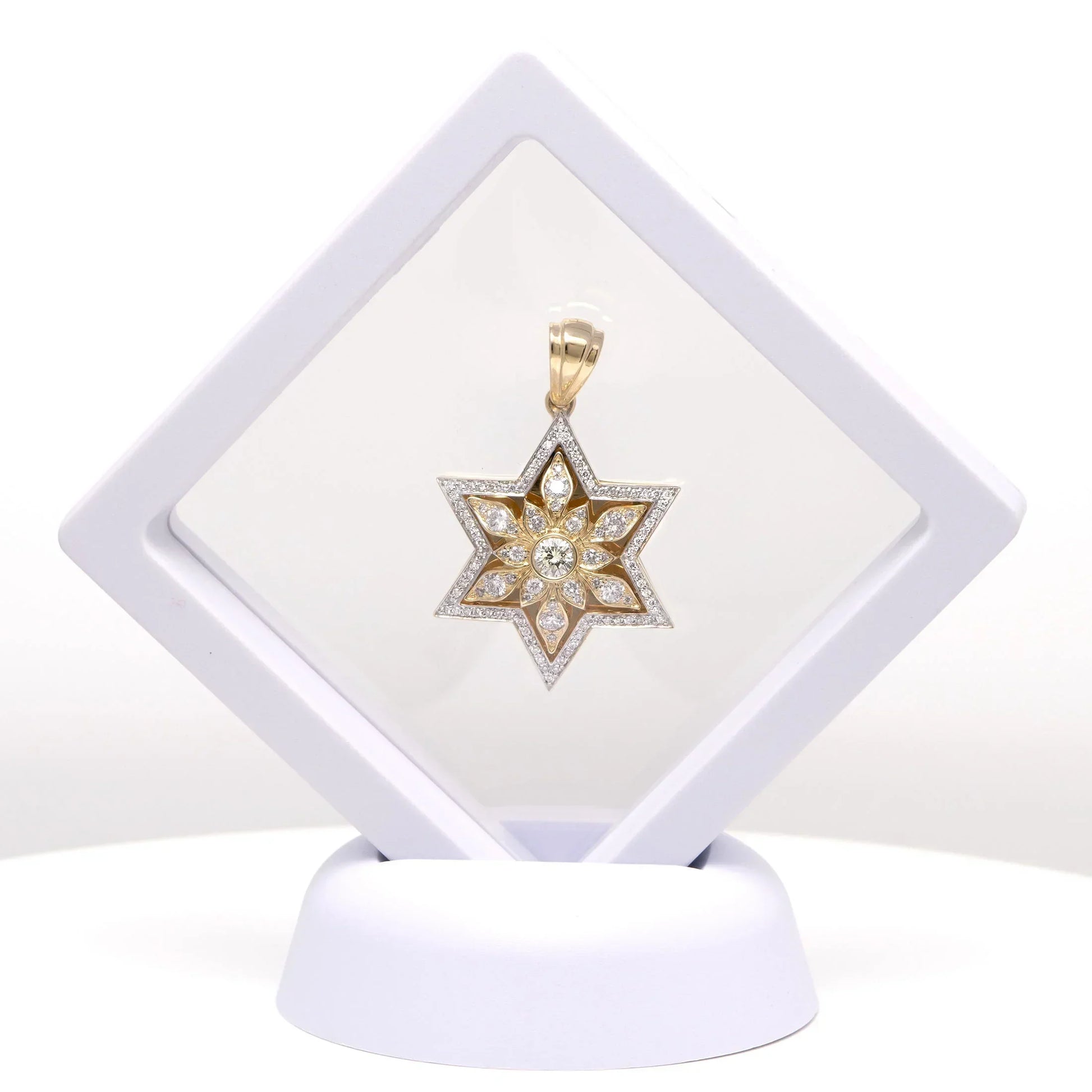 Star of David Gold Pendant with Diamonds - Radiant Floral Design in Gift Box