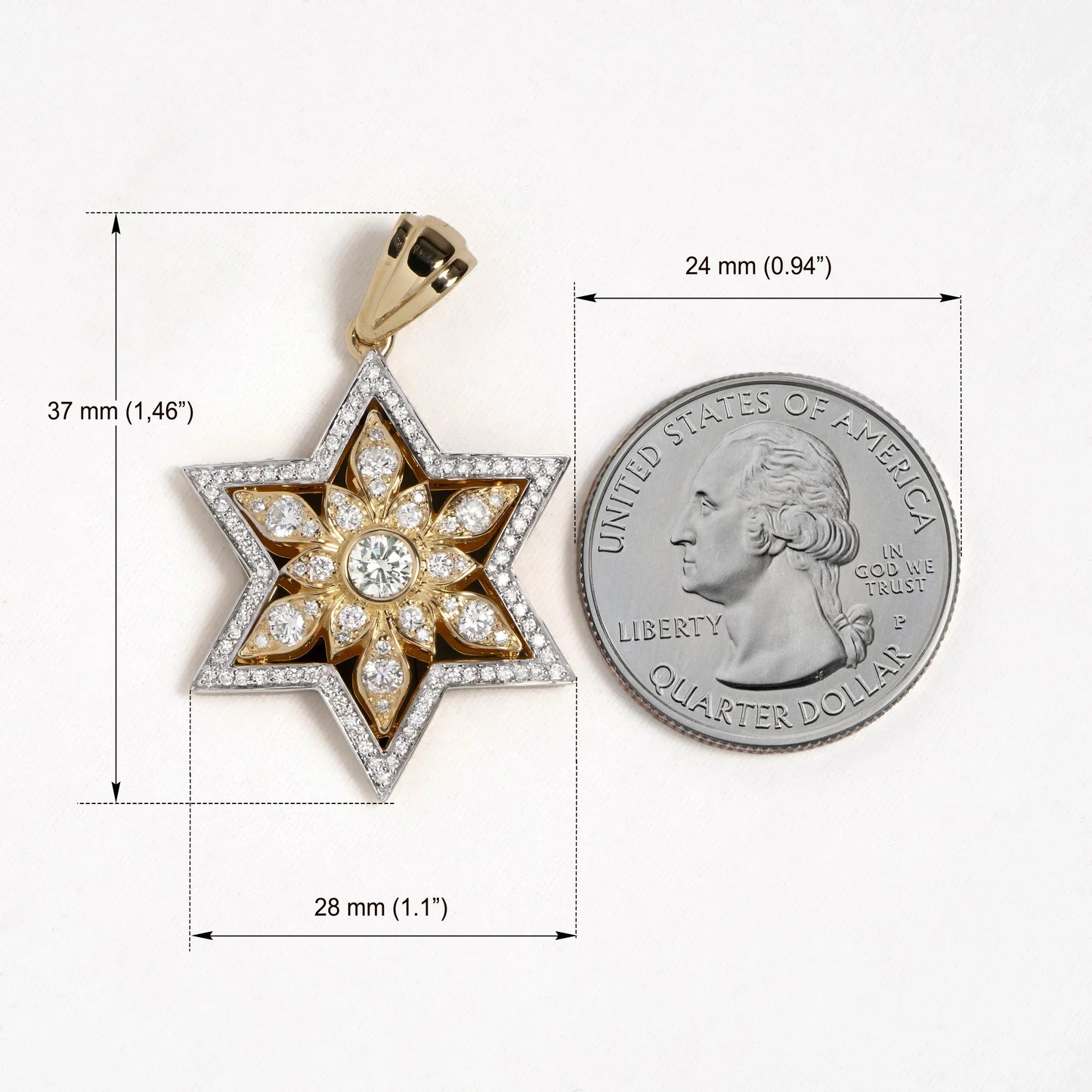Star of David Gold Pendant with Diamonds - Radiant Floral Design with Coin for Size Reference