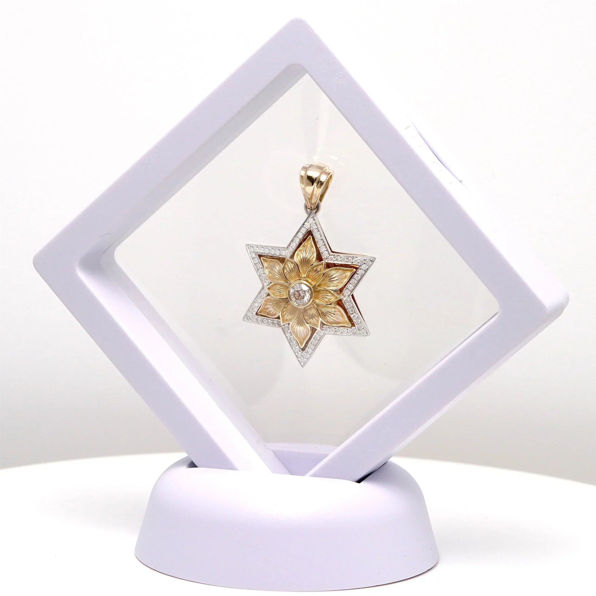 Star of David Gold Pendant with Engraved Petals and Diamonds in Gift Box