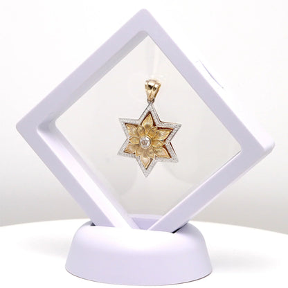 Star of David Gold Pendant with Engraved Petals and Diamonds in Gift Box