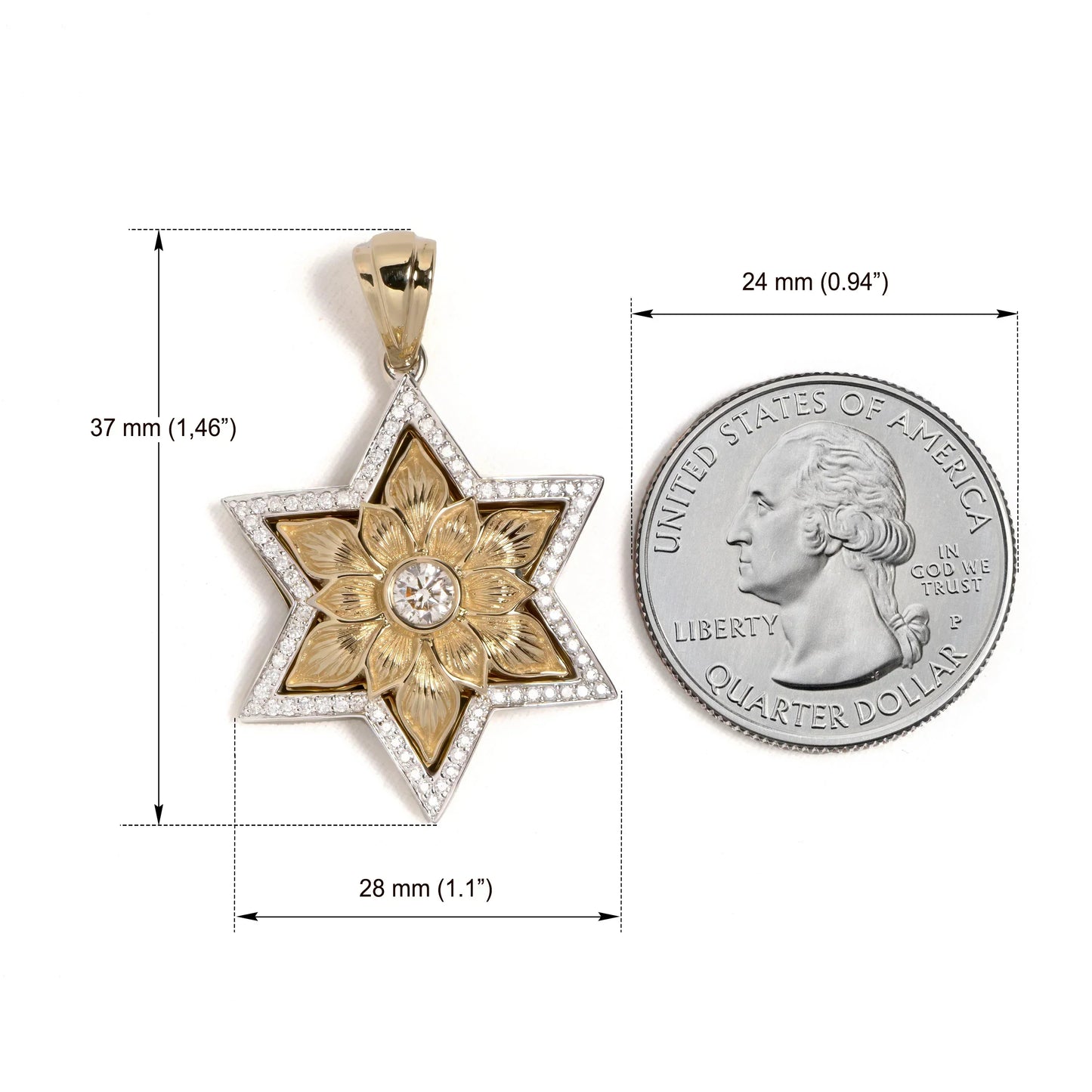 Star of David Gold Pendant with Engraved Petals and Diamonds with Coin for Size Reference