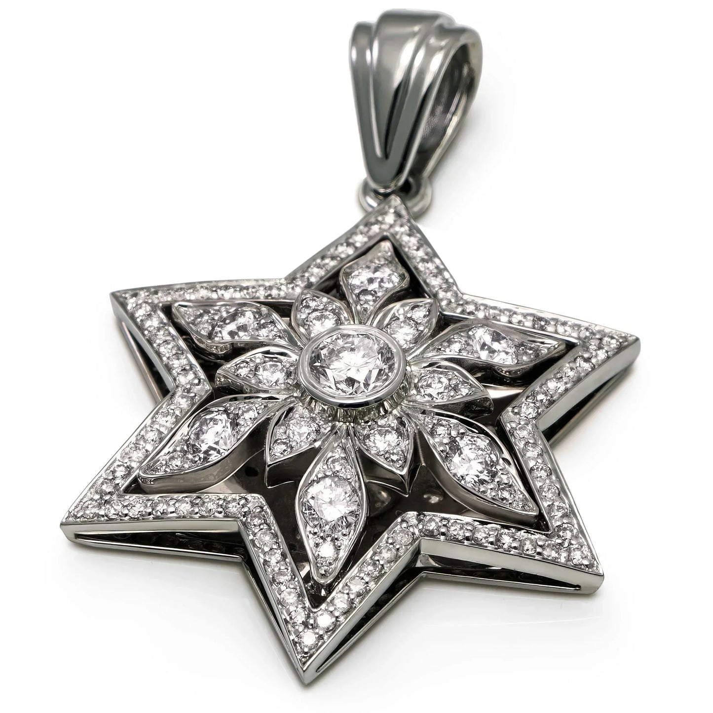14K White Gold Star of David Pendant with 109 Diamonds - Celestial Floral Design