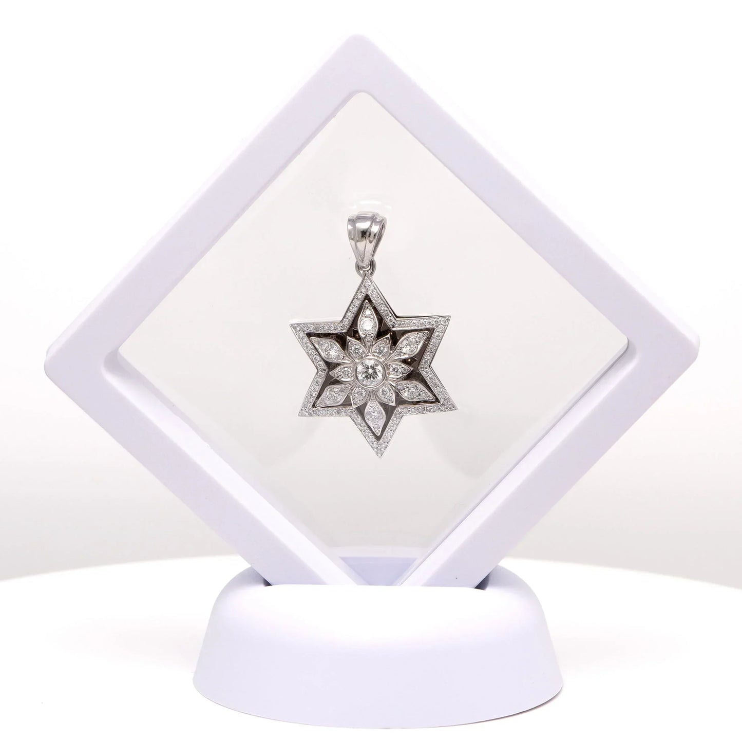 14K White Gold Star of David Pendant with 109 Diamonds - Celestial Floral Design