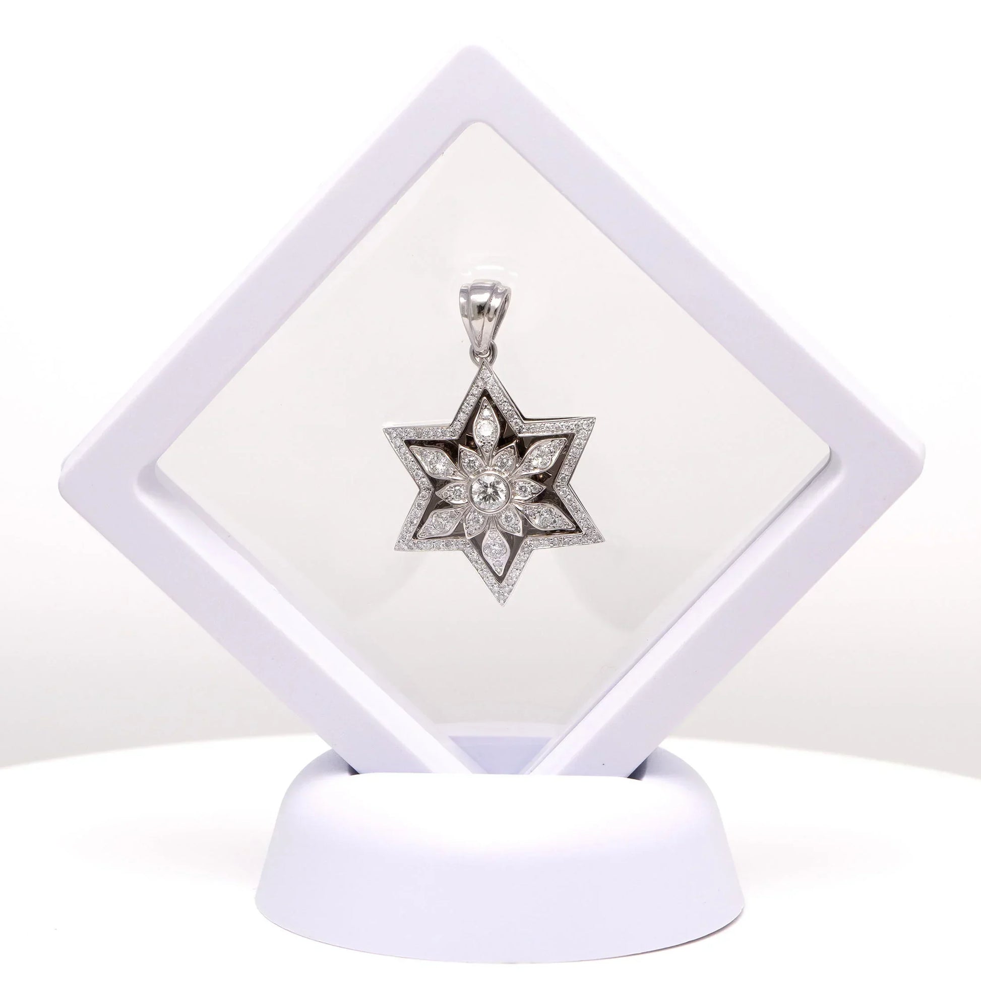 14K White Gold Star of David Pendant with 109 Diamonds - Celestial Floral Design