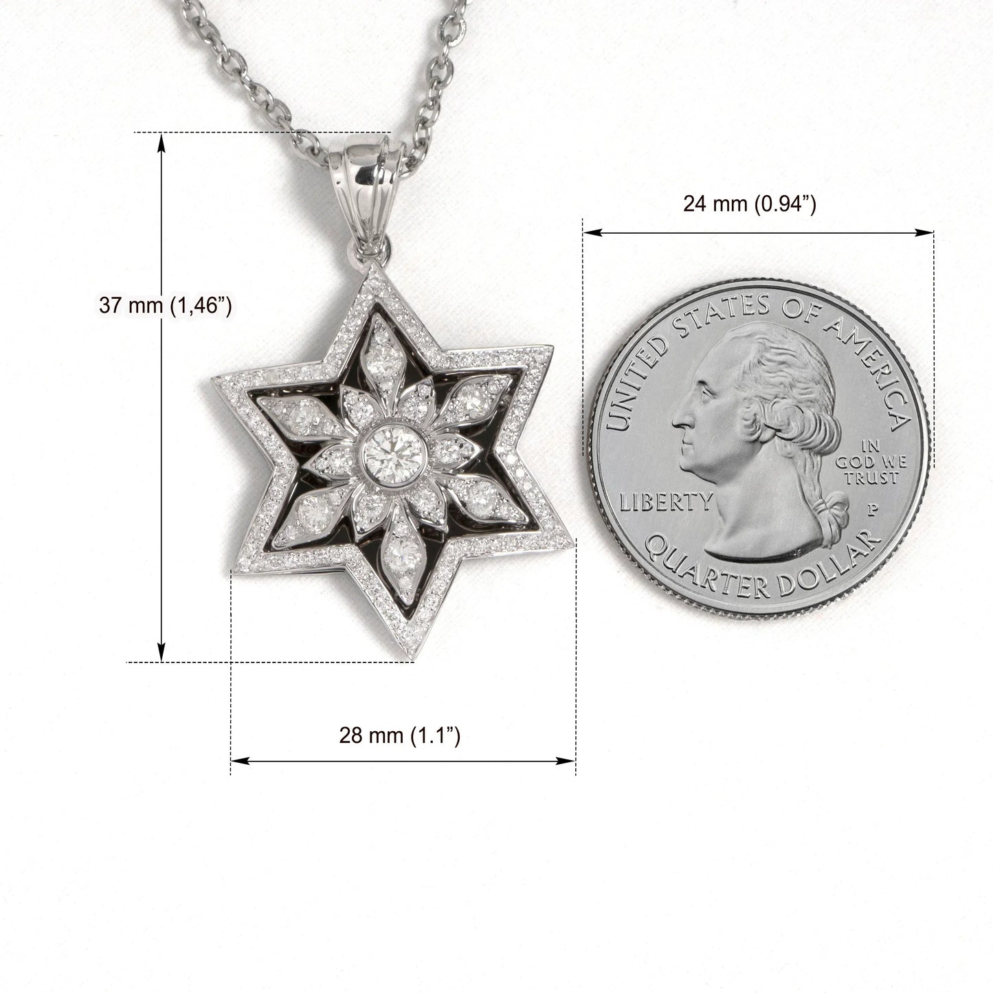 Star of David Pendant in 14K White Gold and 109 Diamonds with Coin for Size Reference