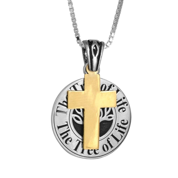 Amulet Kabbalah Tree of Life with 9K Gold Cross Sterling Silver Necklace - bluewhiteshop