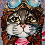 Aviator Cat Painting 50x50cm Acrylic on Rice Paper by Ishchenko - bluewhiteshop
