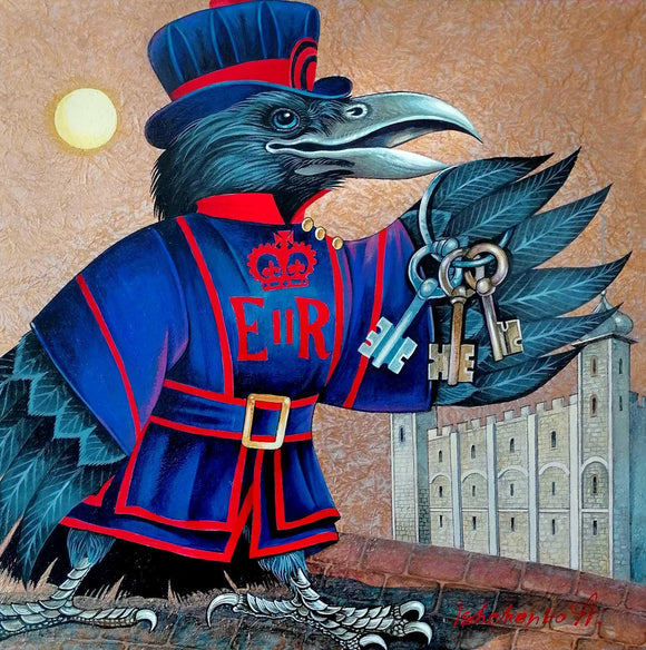 Beefeater Raven Acrylic painting on Rice Paper 62x62cm Artwork Canvas - bluewhiteshop