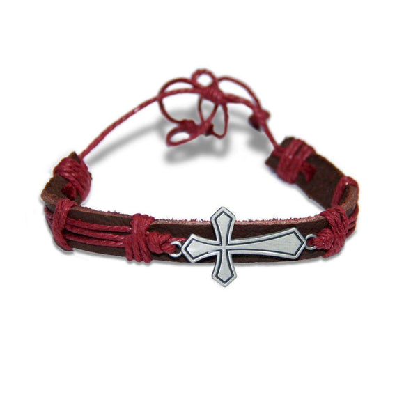 Brown Leather Bracelet with Metal Cross - bluewhiteshop