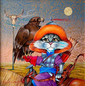 Canvas Art Nomad Cat 50x50cm Acrylic on Rice Paper Signed Original - bluewhiteshop