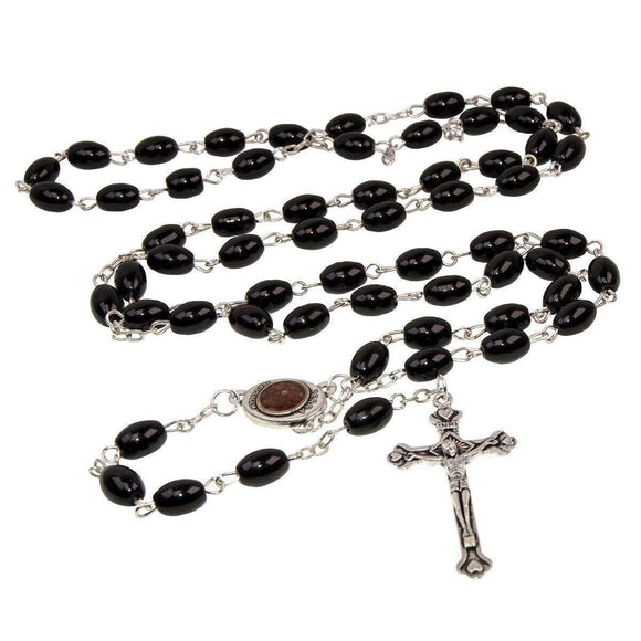 Catholic Faux Black Stone Rosary Beads Crucifix & Holy Soil Jereusalem 22.5