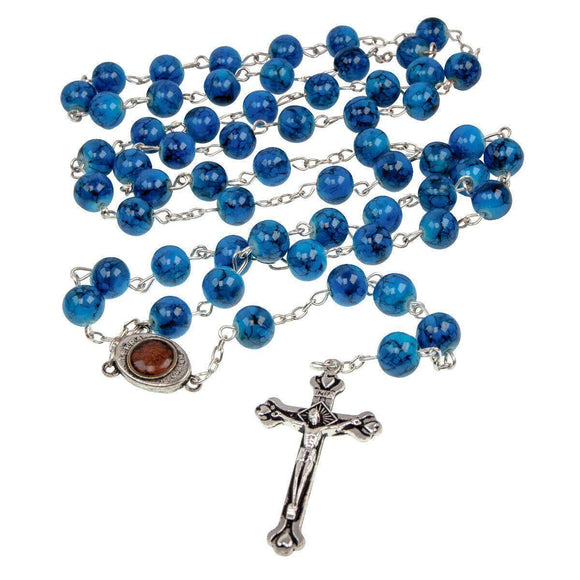 Catholic Faux Blue Stone Rosary Beads Crucifix & Holy Soil Jereusalem 22,5