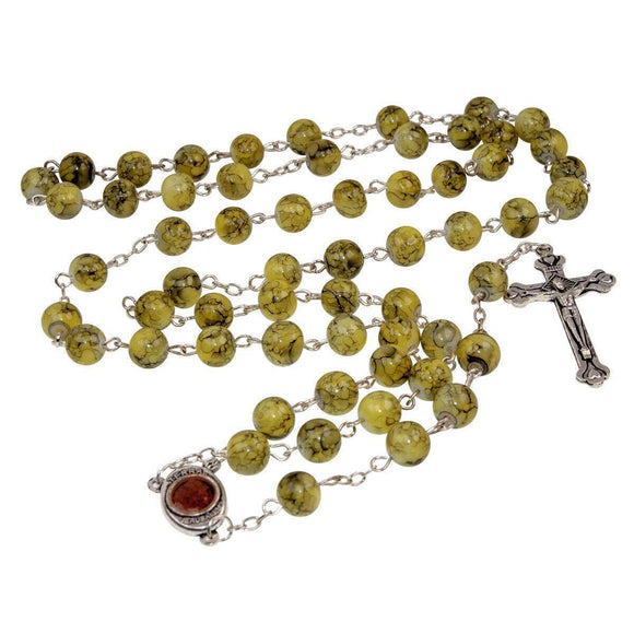 Catholic Faux Green Stone Rosary Beads Crucifix & Holy Soil Jereusalem 22.5