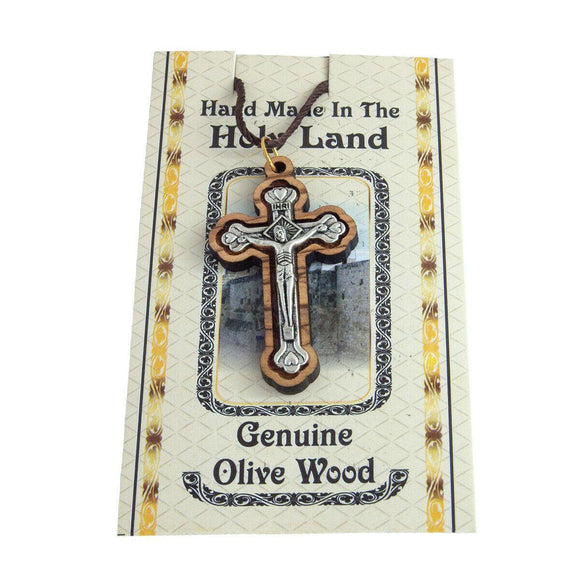 Catholic Olive Wood Pectoral Cross w/ Rope Crucifix Pendant Necklace 4.7cm - bluewhiteshop