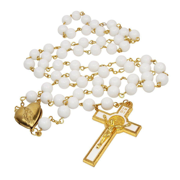 Catholic White & Gold Plated Rosary Beads Decorated Crucifix & Icon Locket 23