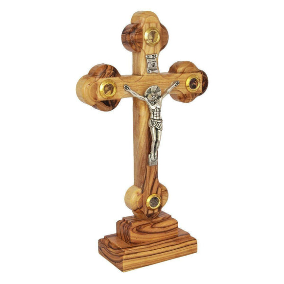 Cross Olive Wood with Base Jesus Christ Crucifix & Holy Soil Jerusalem 15.5cm - bluewhiteshop