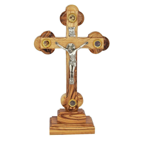 Cross Olive Wood with Base Jesus Christ Crucifix & Holy Soil Jerusalem 20cm - bluewhiteshop