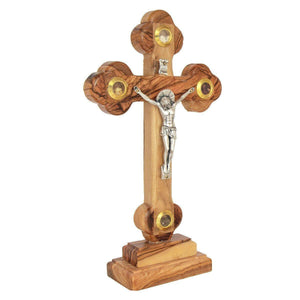 Cross Olive Wood with Base Jesus Christ Crucifix & Holy Soil Jerusalem 23cm - bluewhiteshop