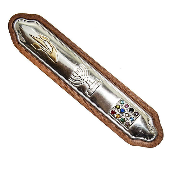 Decorated Mezuzah Case with Menorah and 12 Hoshen Stones Silver Plated 925 Jerusalem Wood & Metal 3.8