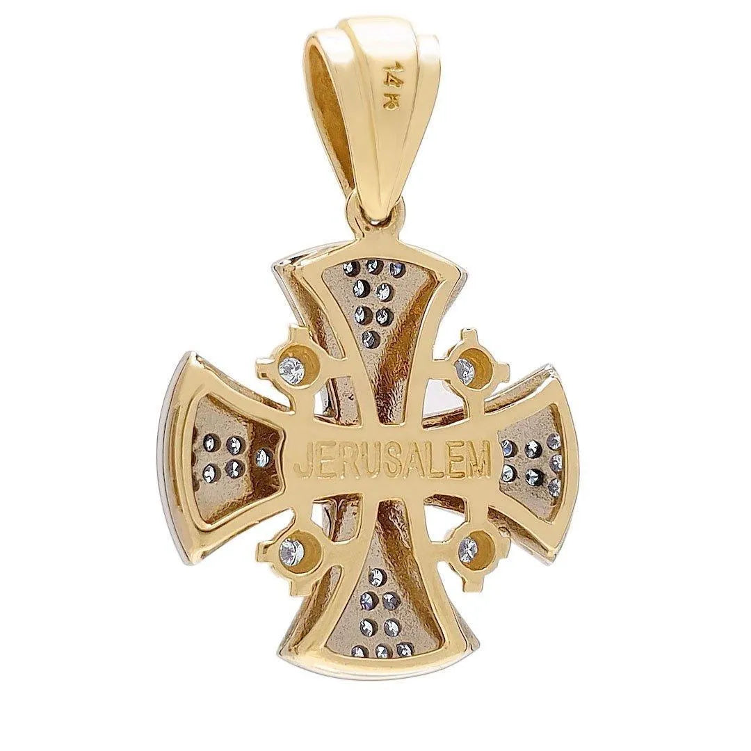 Diamond Cross Necklace 14K Gold with Blue Enamel Jerusalem Cross - bluewhiteshop