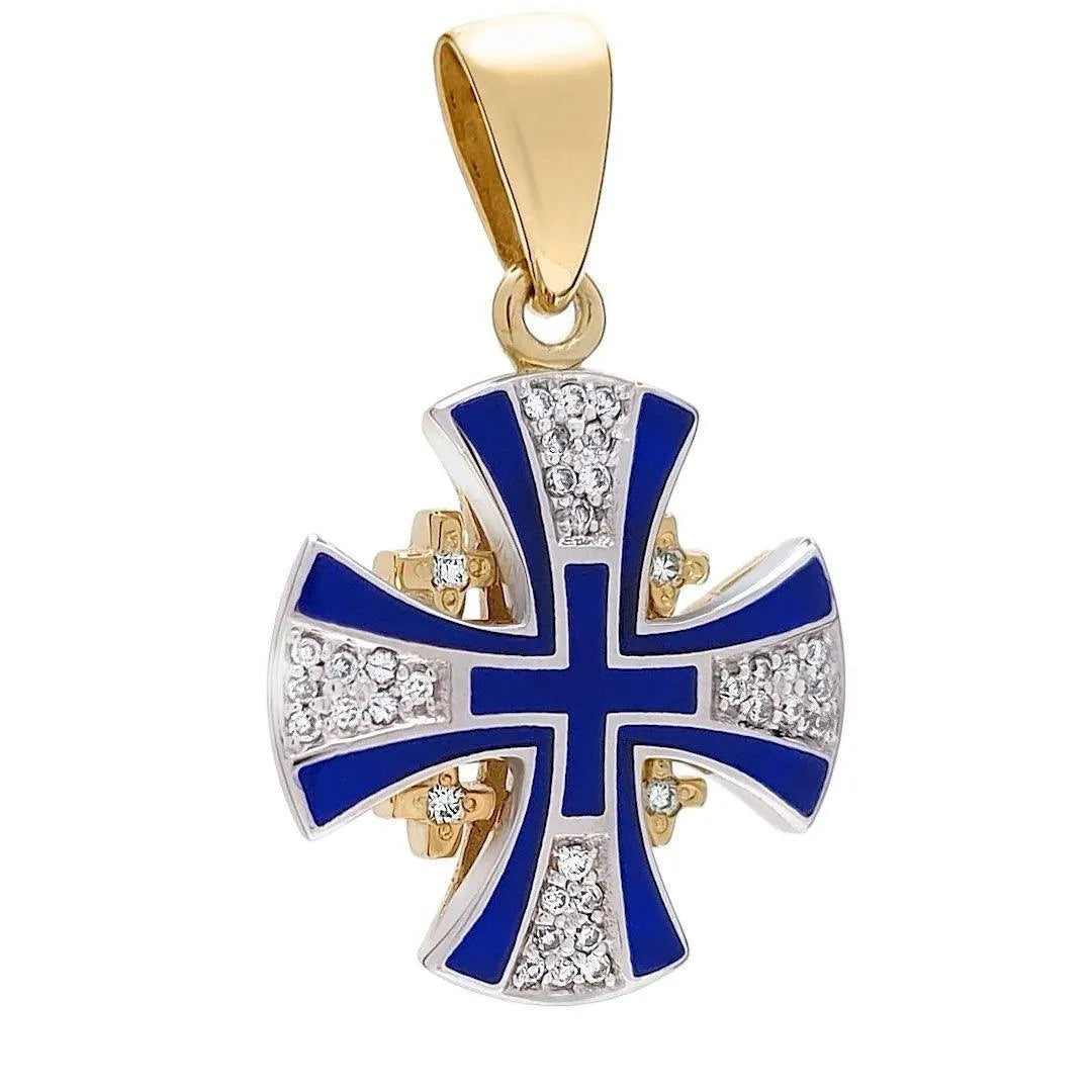 Diamond Cross Necklace 14K Gold with Blue Enamel Jerusalem Cross - bluewhiteshop