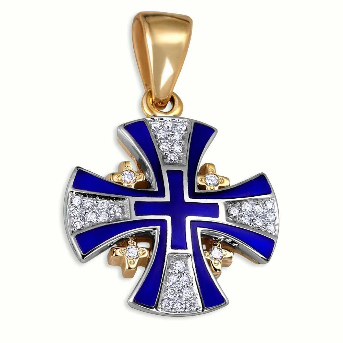 Diamond Cross Necklace 14K Gold with Blue Enamel Jerusalem Cross - bluewhiteshop